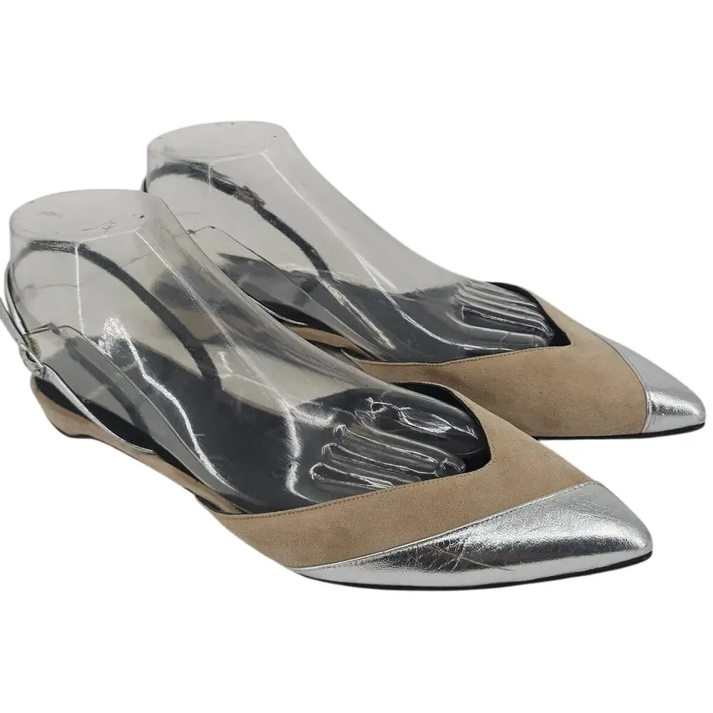 Pierre Hardy Tan Suede Silver Leather Pointed Slingback Flat Mule Shoe 40 9.5